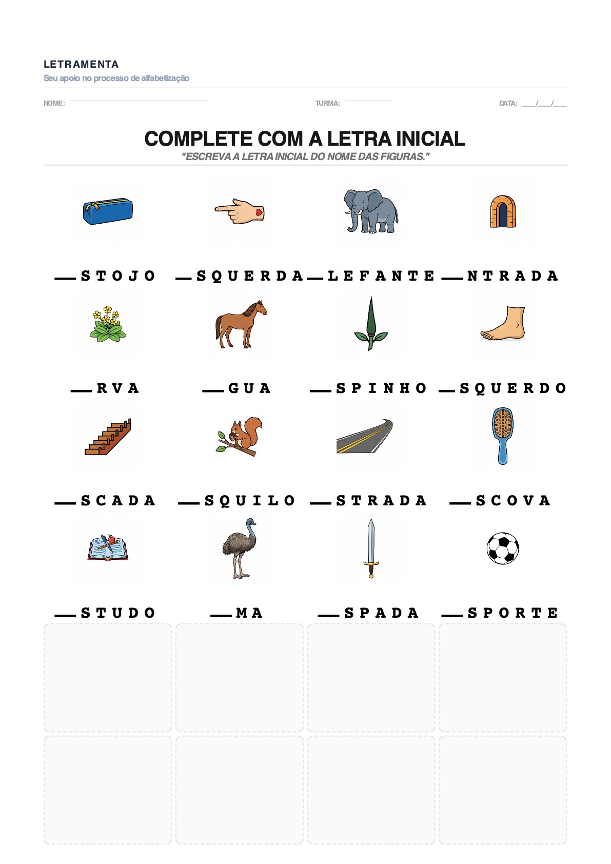 Atividade de completar_letra_inicial com as palavras ESTOJO, ESQUERDA, ELEFANTE, ENTRADA — para imprimir em PDF