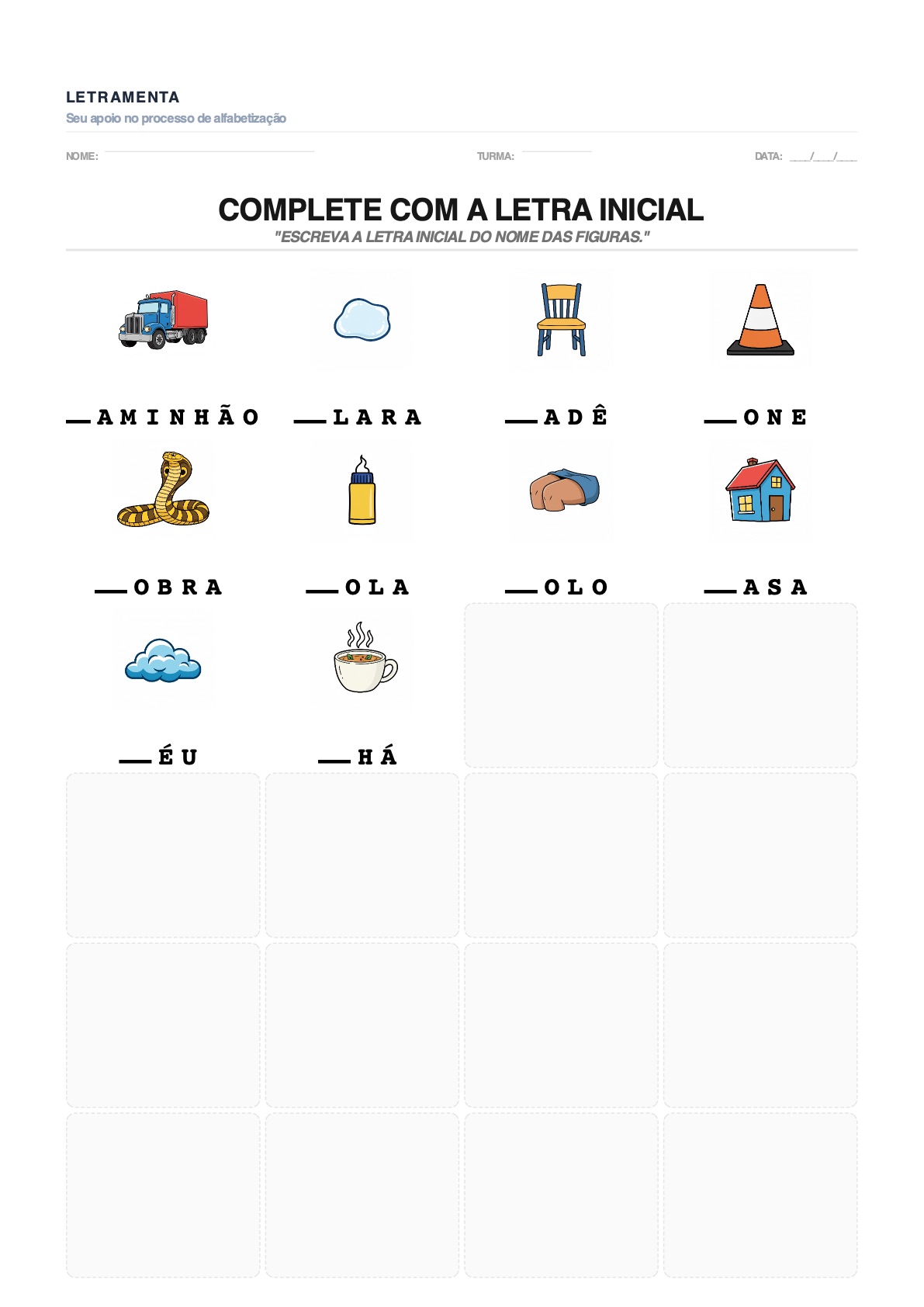 Atividade de completar_letra_inicial com as palavras CAMINHÃO, CLARA, CADÊ, CONE — para imprimir em PDF