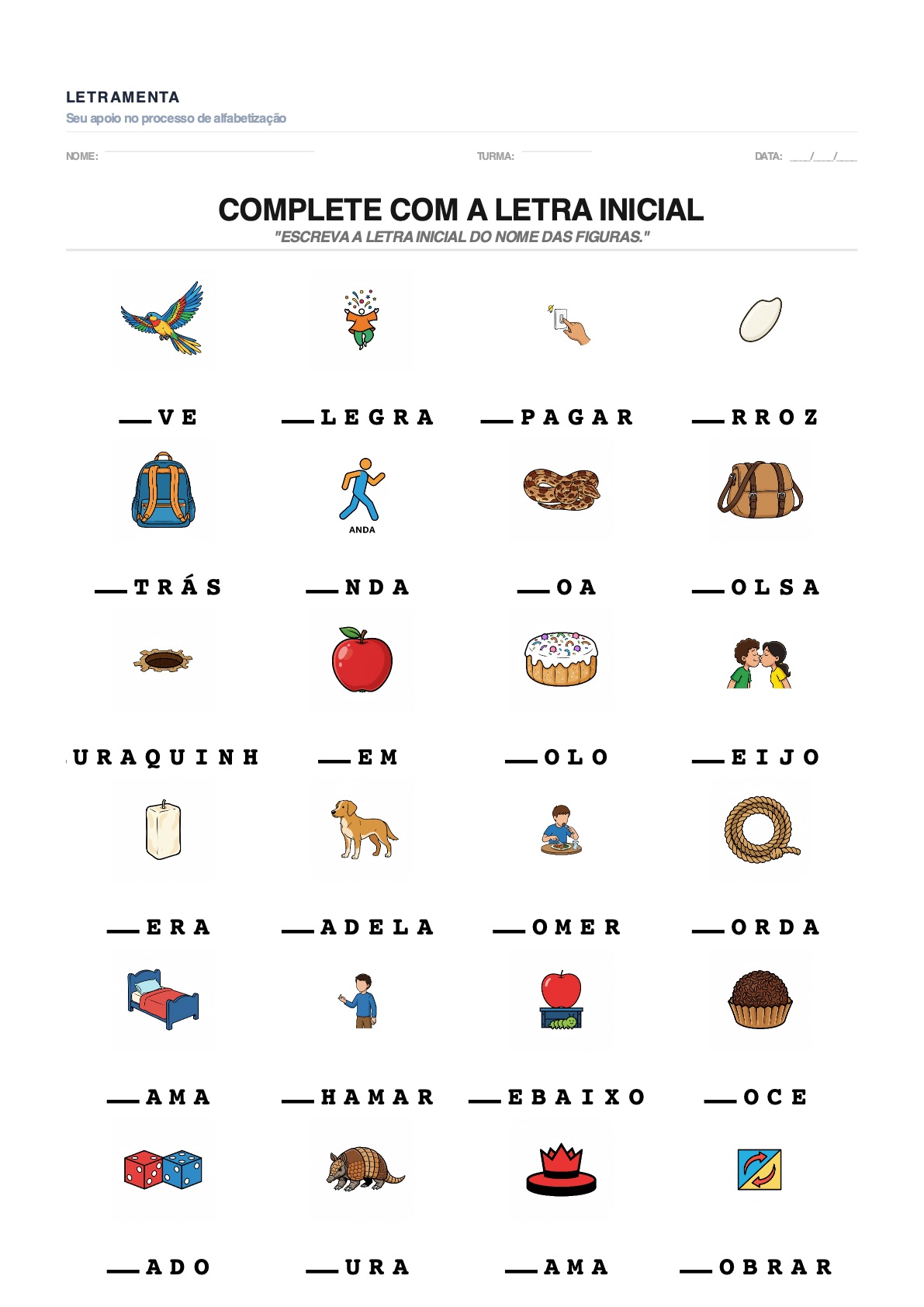 Atividade de completar_letra_inicial com as palavras AVE, ALEGRA, APAGAR, ARROZ — para imprimir em PDF