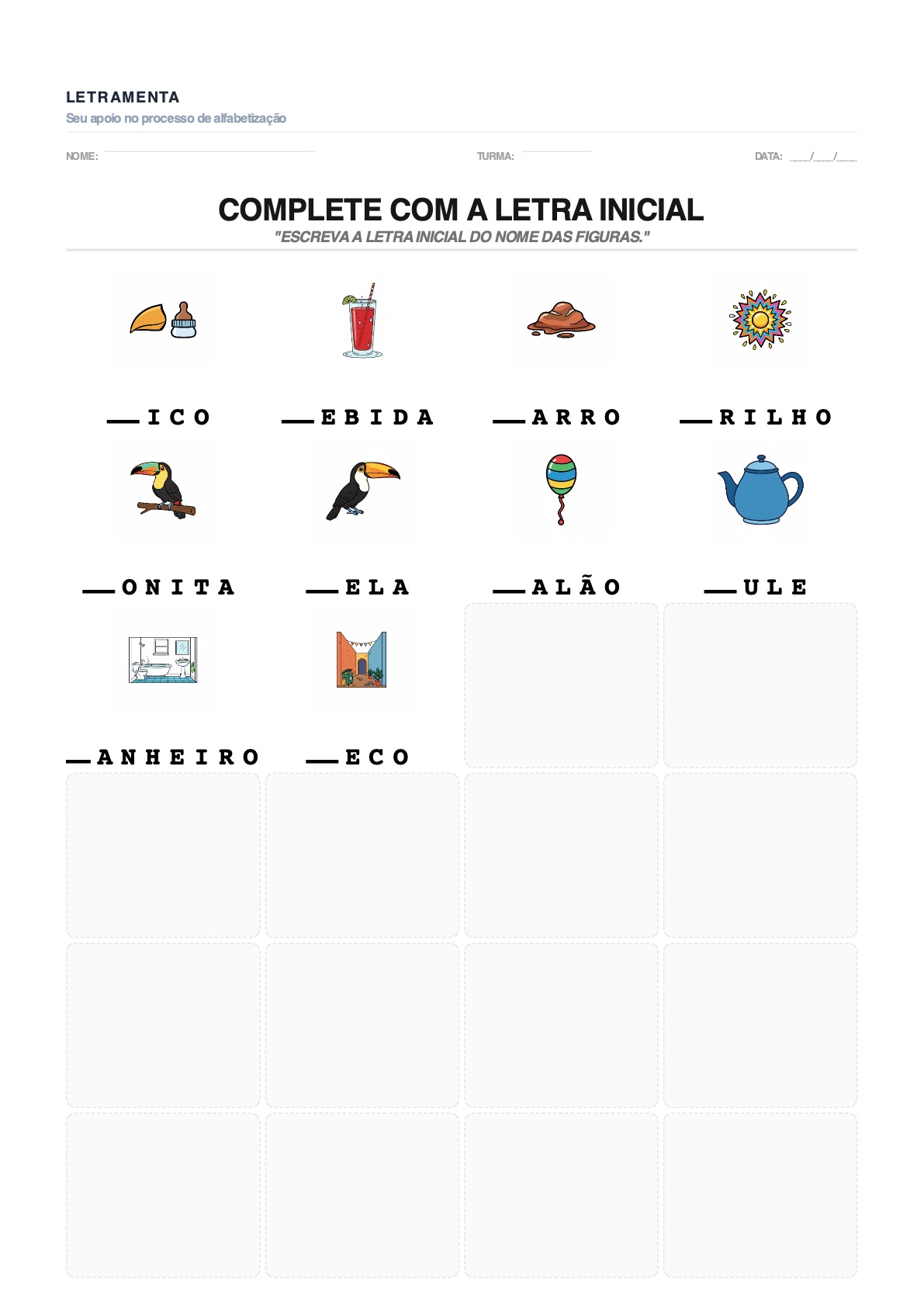 Atividade de completar_letra_inicial com as palavras BICO, BEBIDA, BARRO, BRILHO — para imprimir em PDF
