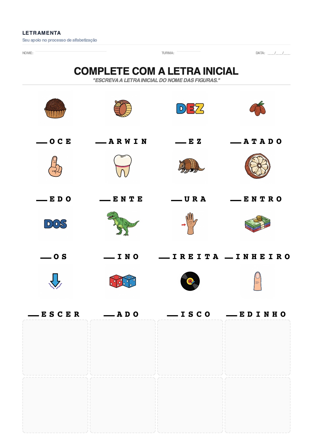 Atividade de completar_letra_inicial com as palavras DOCE, DARWIN, DEZ, DATADO — para imprimir em PDF