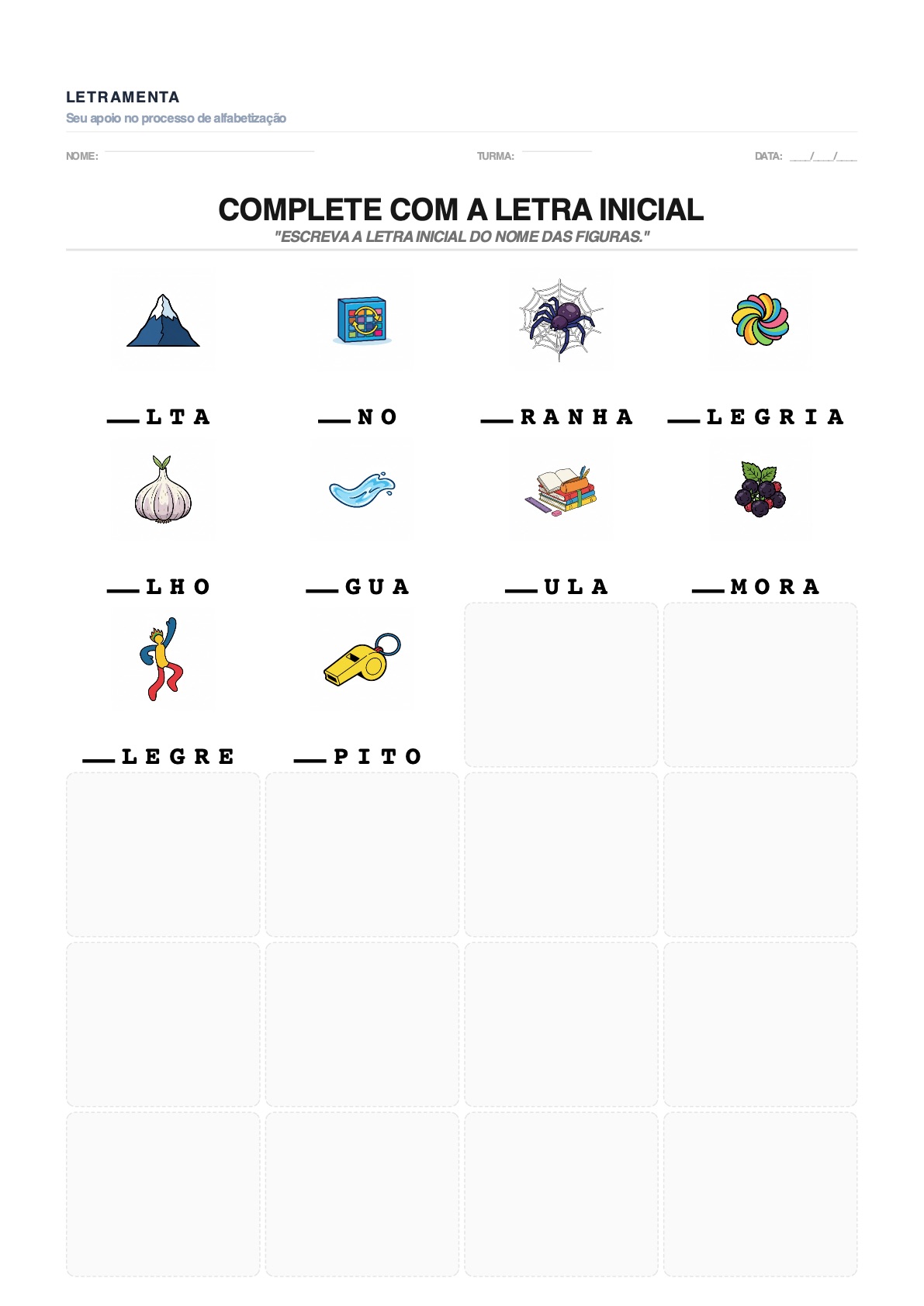 Atividade de completar_letra_inicial com as palavras ALTA, ANO, ARANHA, ALEGRIA — para imprimir em PDF