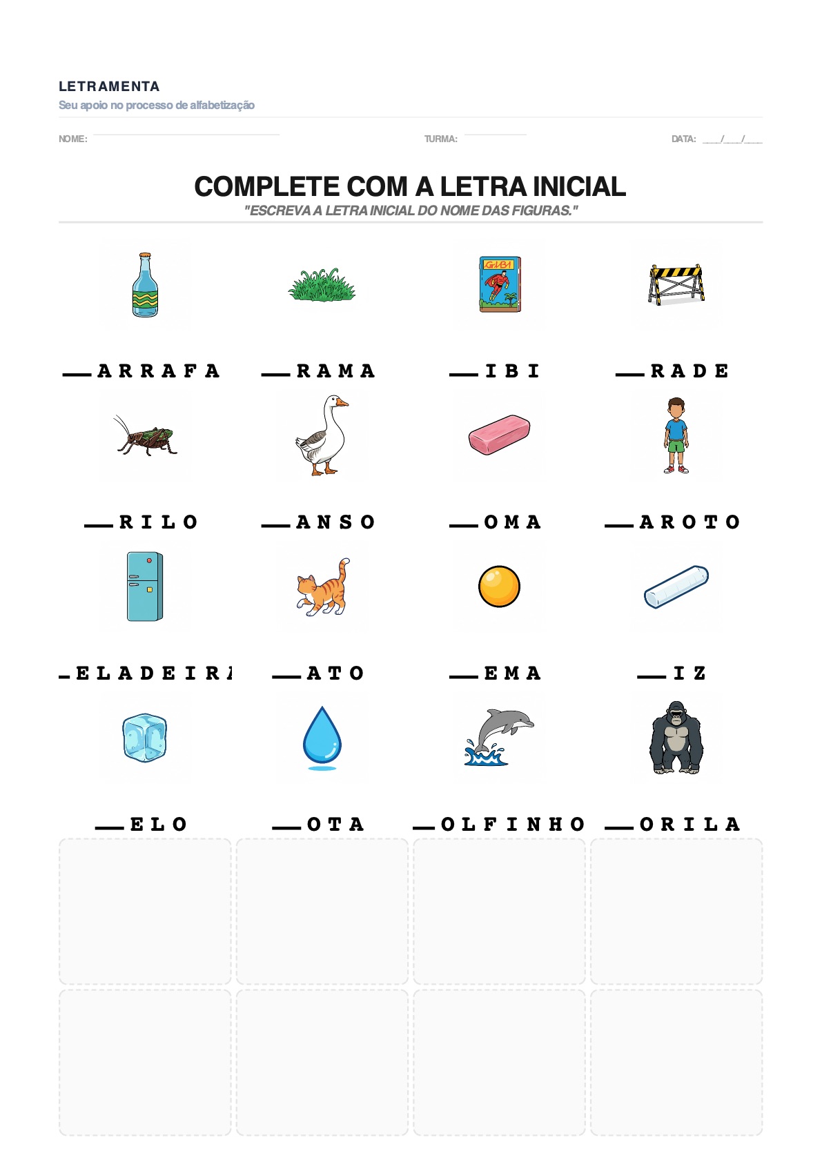 Atividade de completar_letra_inicial com as palavras GARRAFA, GRAMA, GIBI, GRADE — para imprimir em PDF