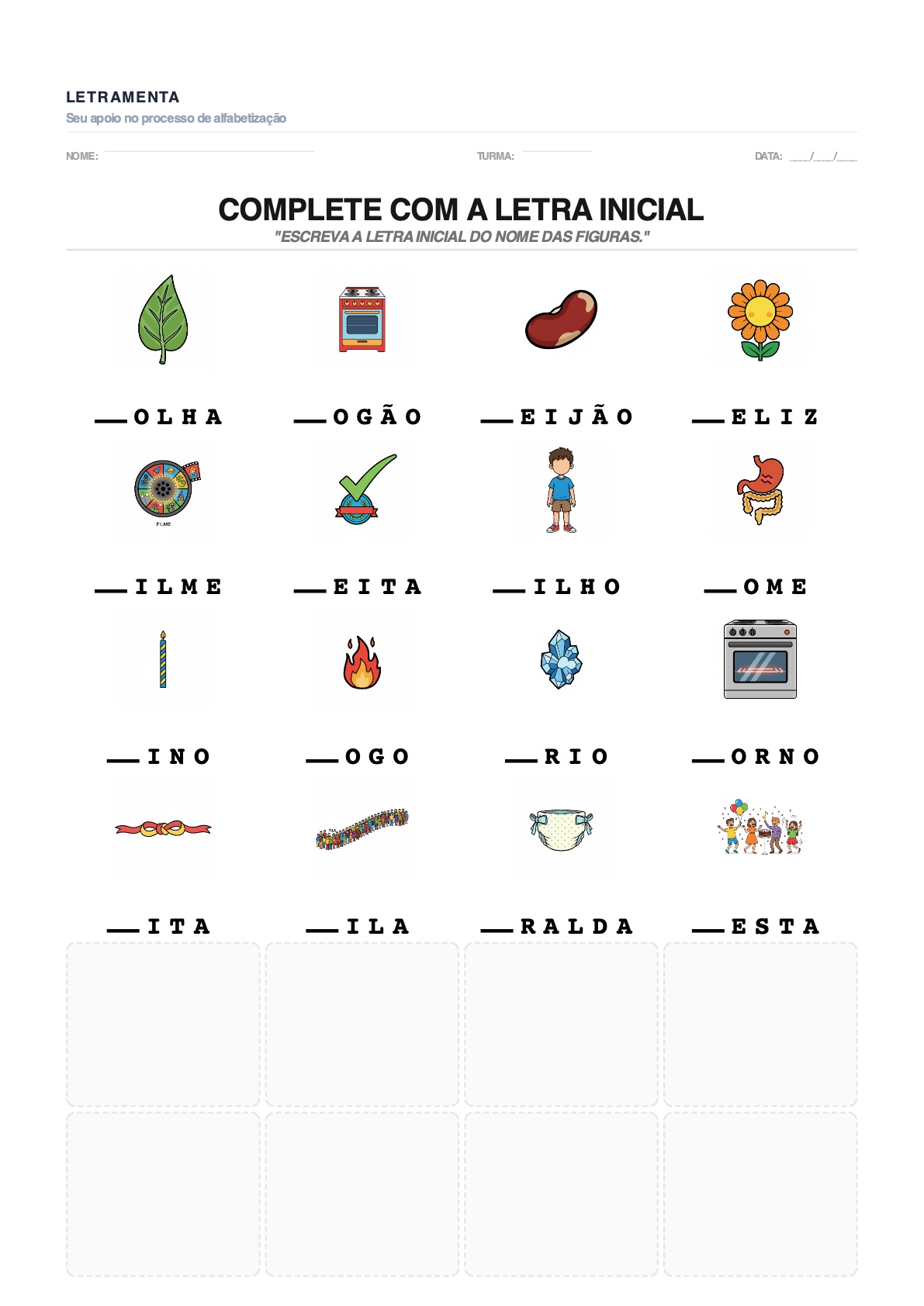 Atividade de completar_letra_inicial com as palavras FOLHA, FOGÃO, FEIJÃO, FELIZ — para imprimir em PDF