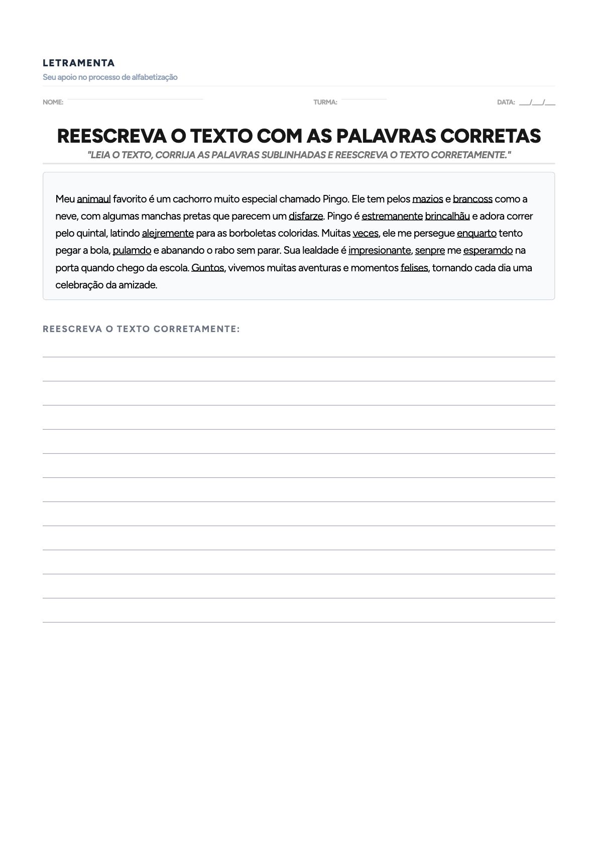 Atividade de reescrever_palavras com as palavras ANIMAUL, MAZIOS, BRANCOSS, DISFARZE — para imprimir em PDF