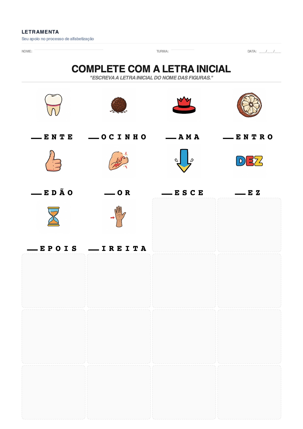 Atividade de completar_letra_inicial com as palavras DENTE, DOCINHO, DAMA, DENTRO — para imprimir em PDF