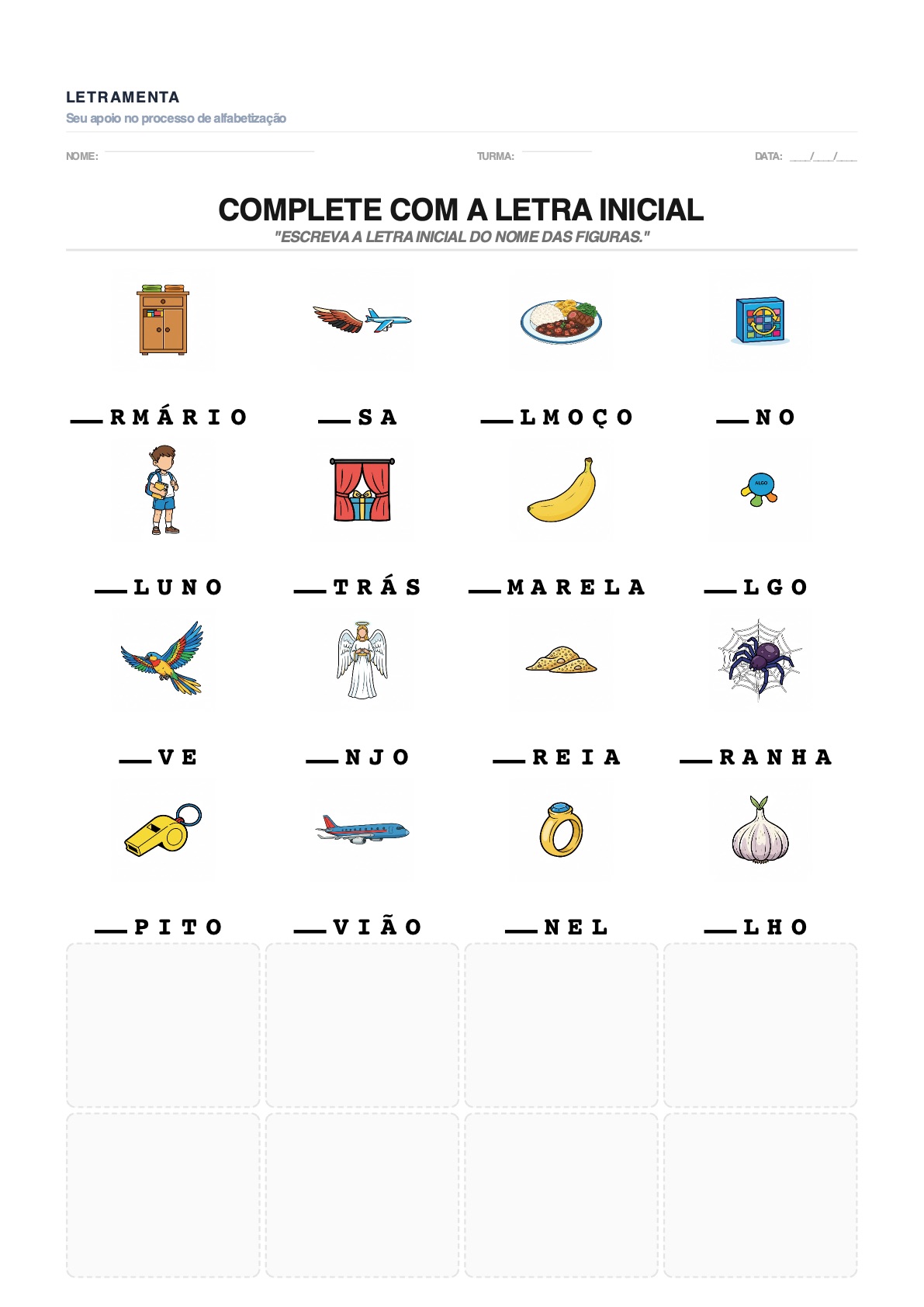 Atividade de completar_letra_inicial com as palavras ARMÁRIO, ASA, ALMOÇO, ANO — para imprimir em PDF