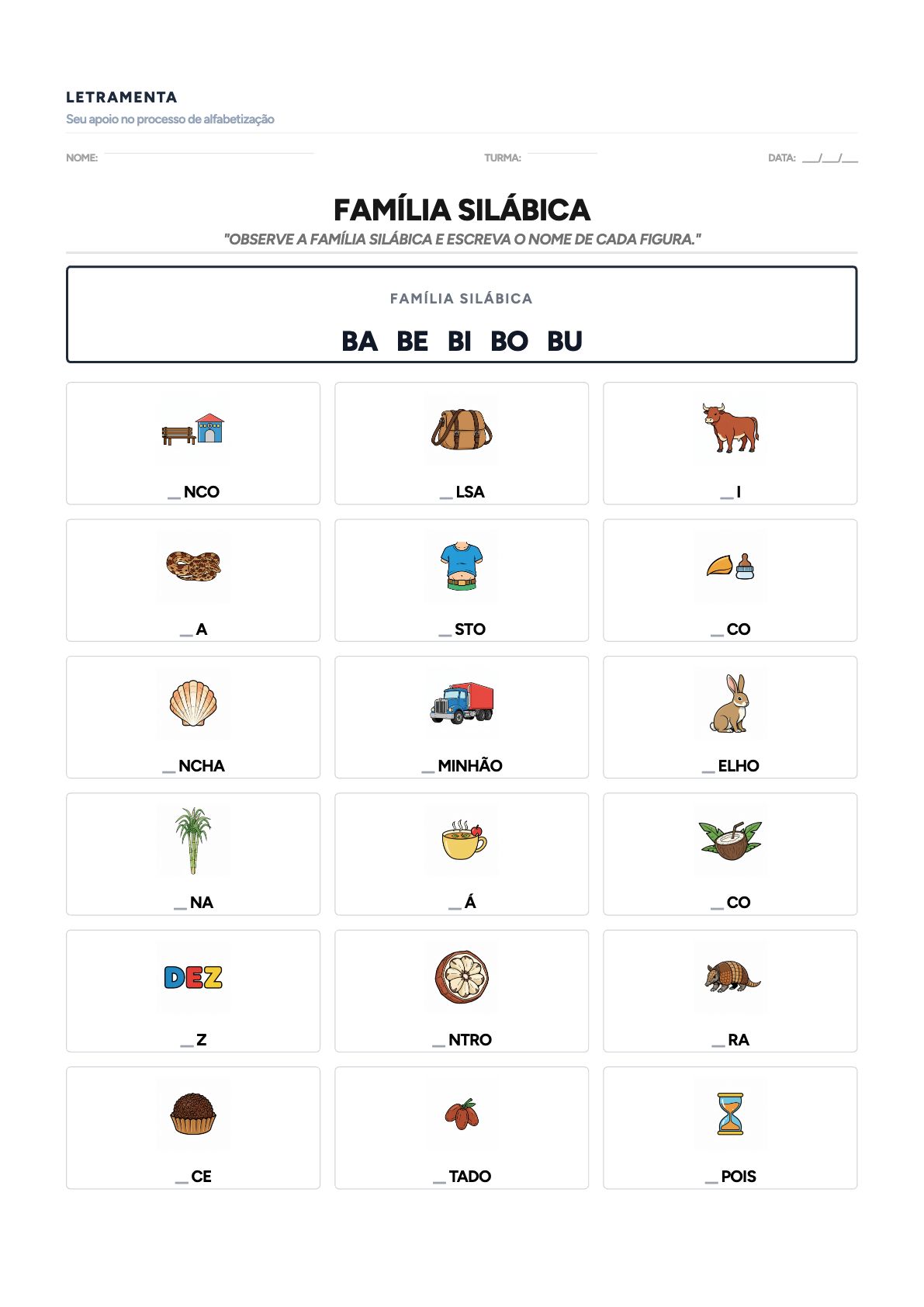 Atividade de familia_silabica com as palavras BANCO, BOLSA, BOI, BOA — para imprimir em PDF