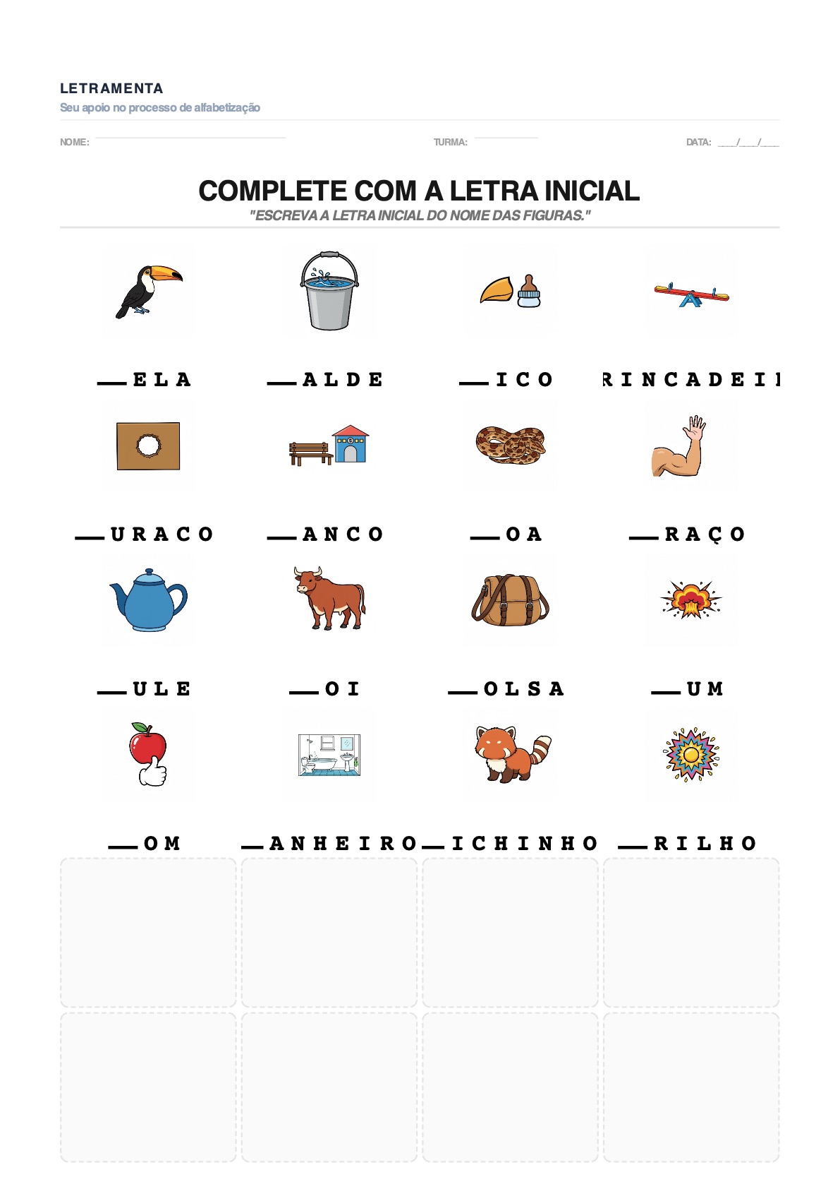 Atividade de completar_letra_inicial com as palavras BELA, BALDE, BICO, BRINCADEIRA — para imprimir em PDF