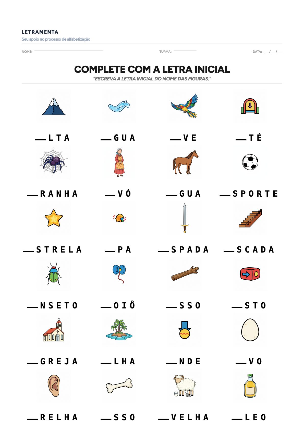 Atividade de completar_letra_inicial com as palavras ALTA, ÁGUA, AVE, ATÉ — para imprimir em PDF
