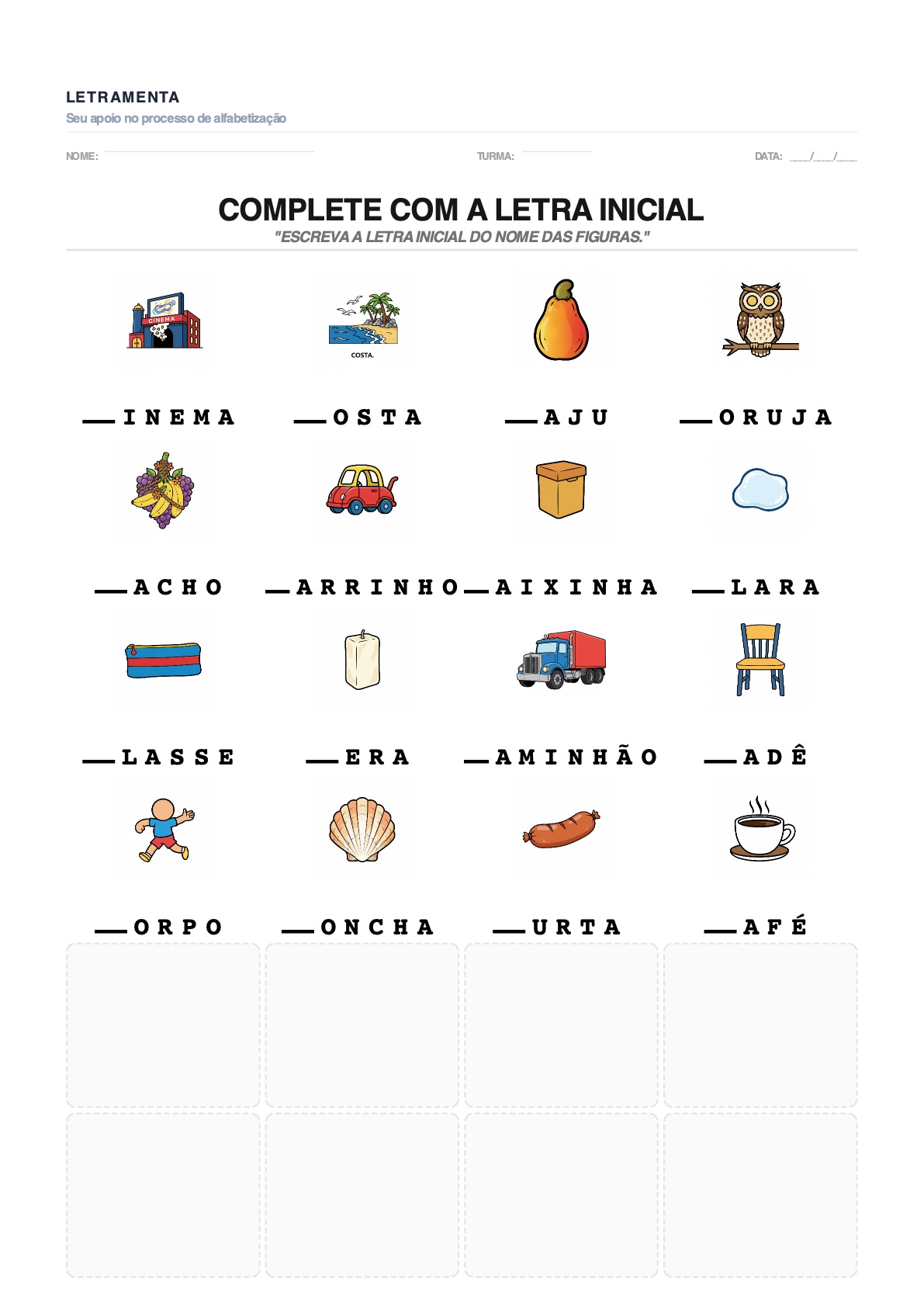 Atividade de completar_letra_inicial com as palavras CINEMA, COSTA, CAJU, CORUJA — para imprimir em PDF