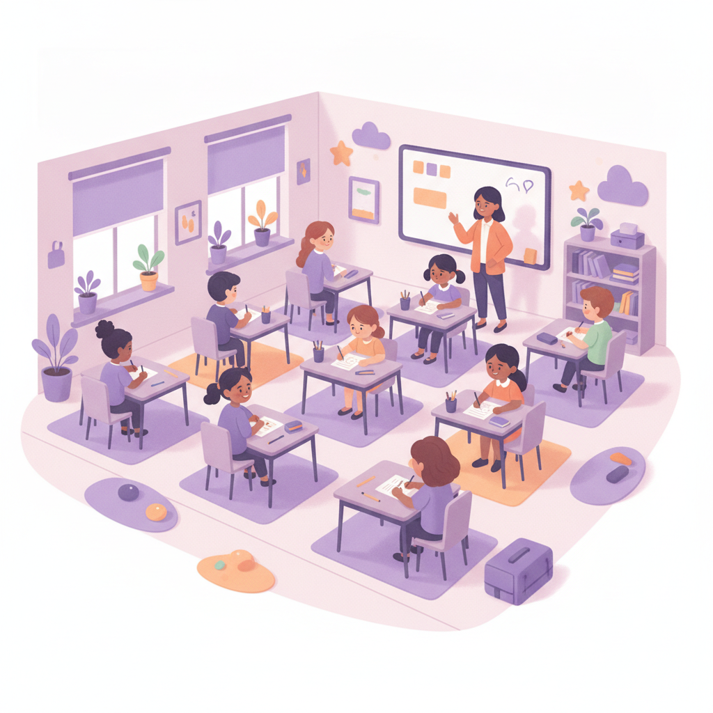 Sala de aula com alunos realizando atividades de alfabetização