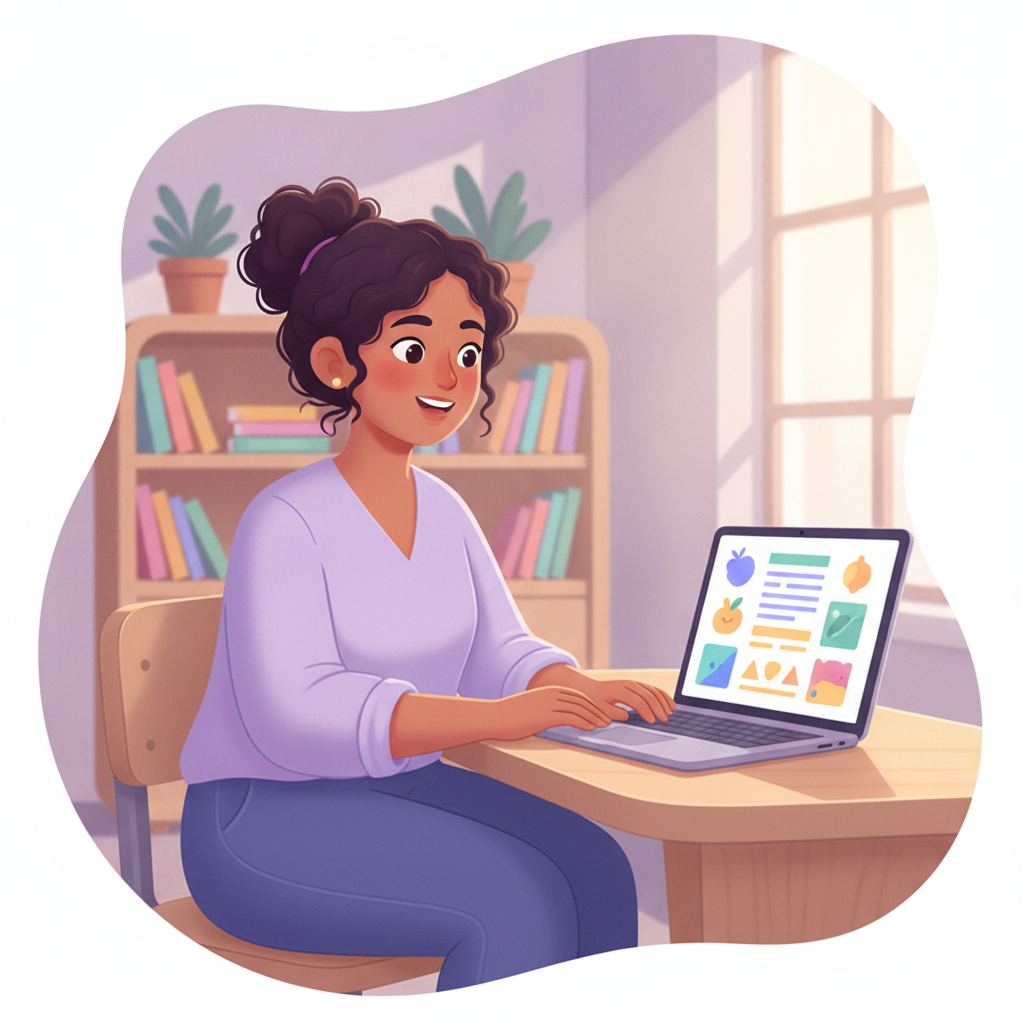 Professora usando a Letramenta em um notebook para gerar atividade de alfabetização